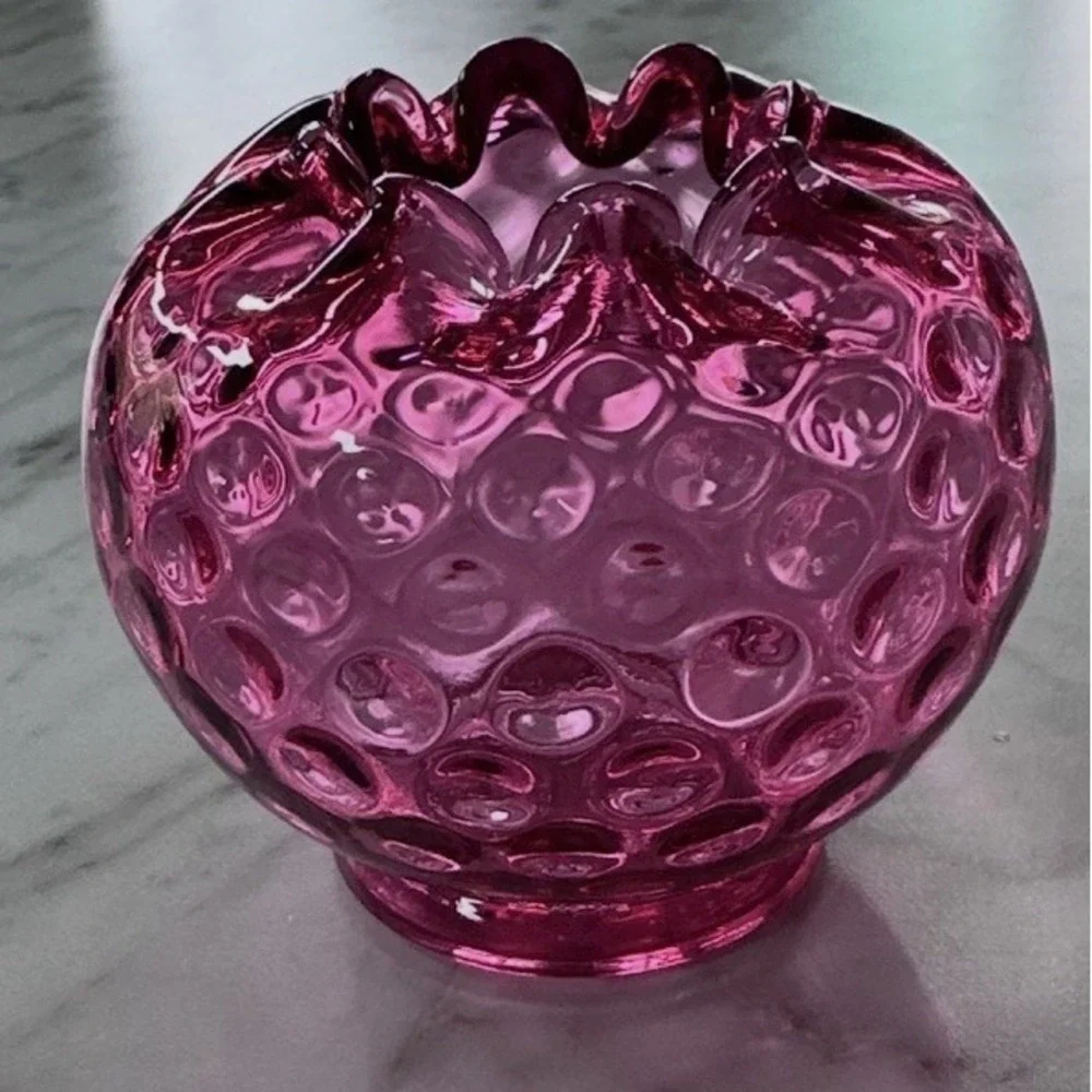 Vintage Fenton Cranberry Rose Bowl‎ Vase Inverted Reverse Coin Dot Art Glass
